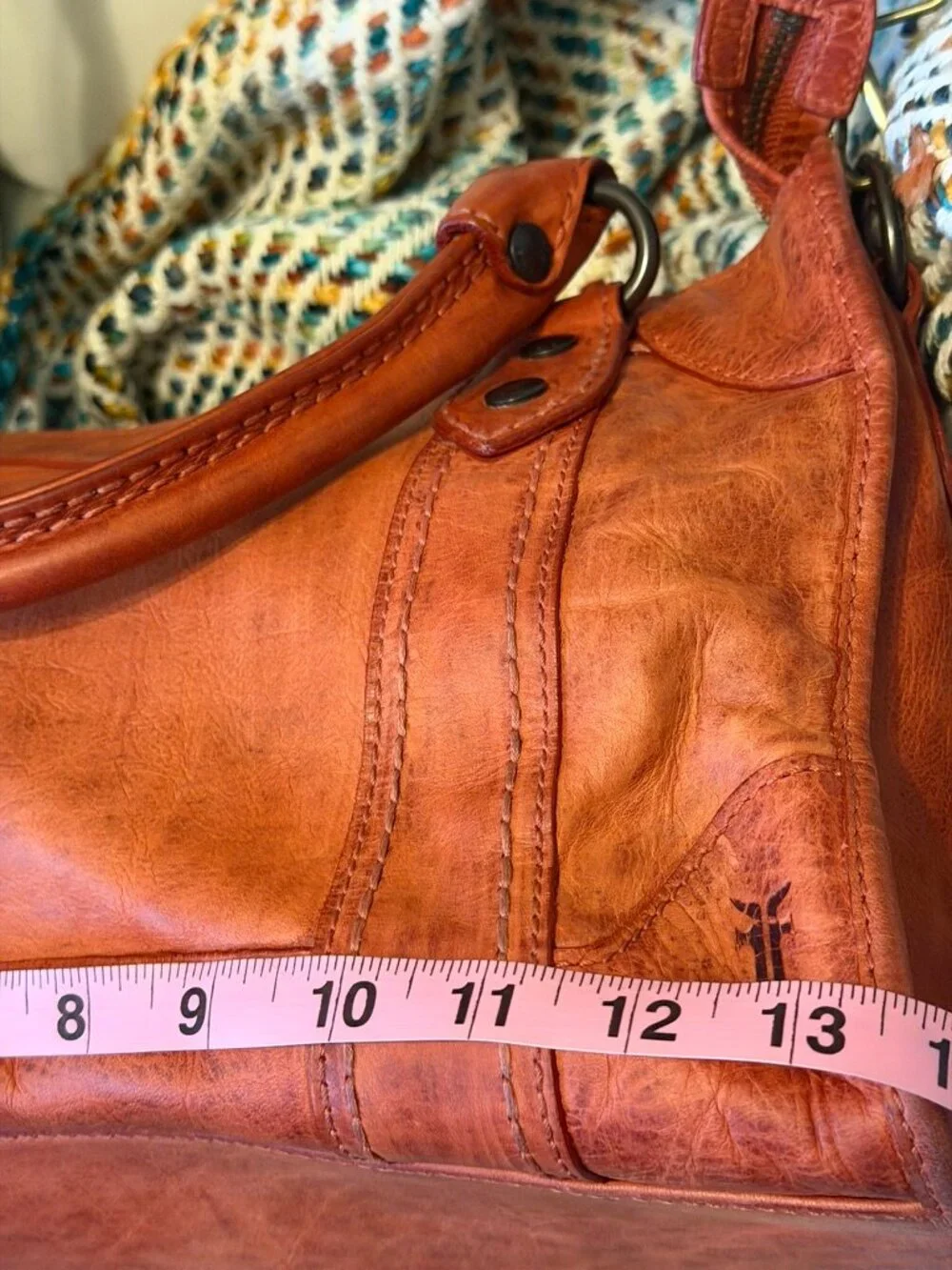 Frye Melissa Washed Leather Satchel Burnt Orange Boho Embroidered Strap EUC